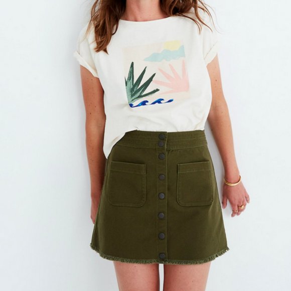 MADEWELL KALE GREEN RAW HEM POCKET STRETCH A-LINE MINI SKIRT - Picture 2 of 5